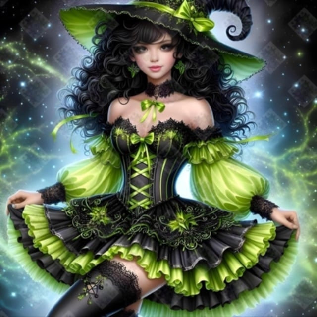 Neon Green Dressed Witch by Cindy Emery