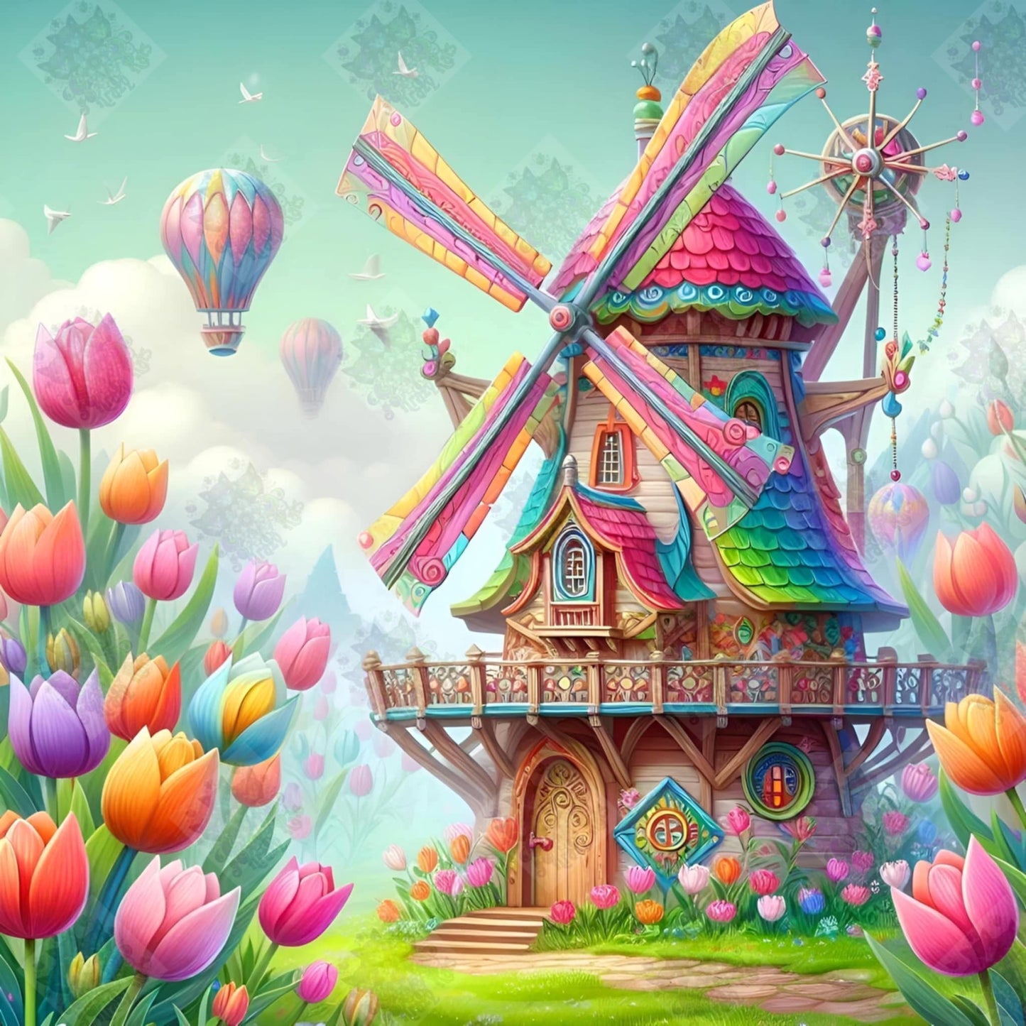 Windmill & Tulips by Cindy Emery